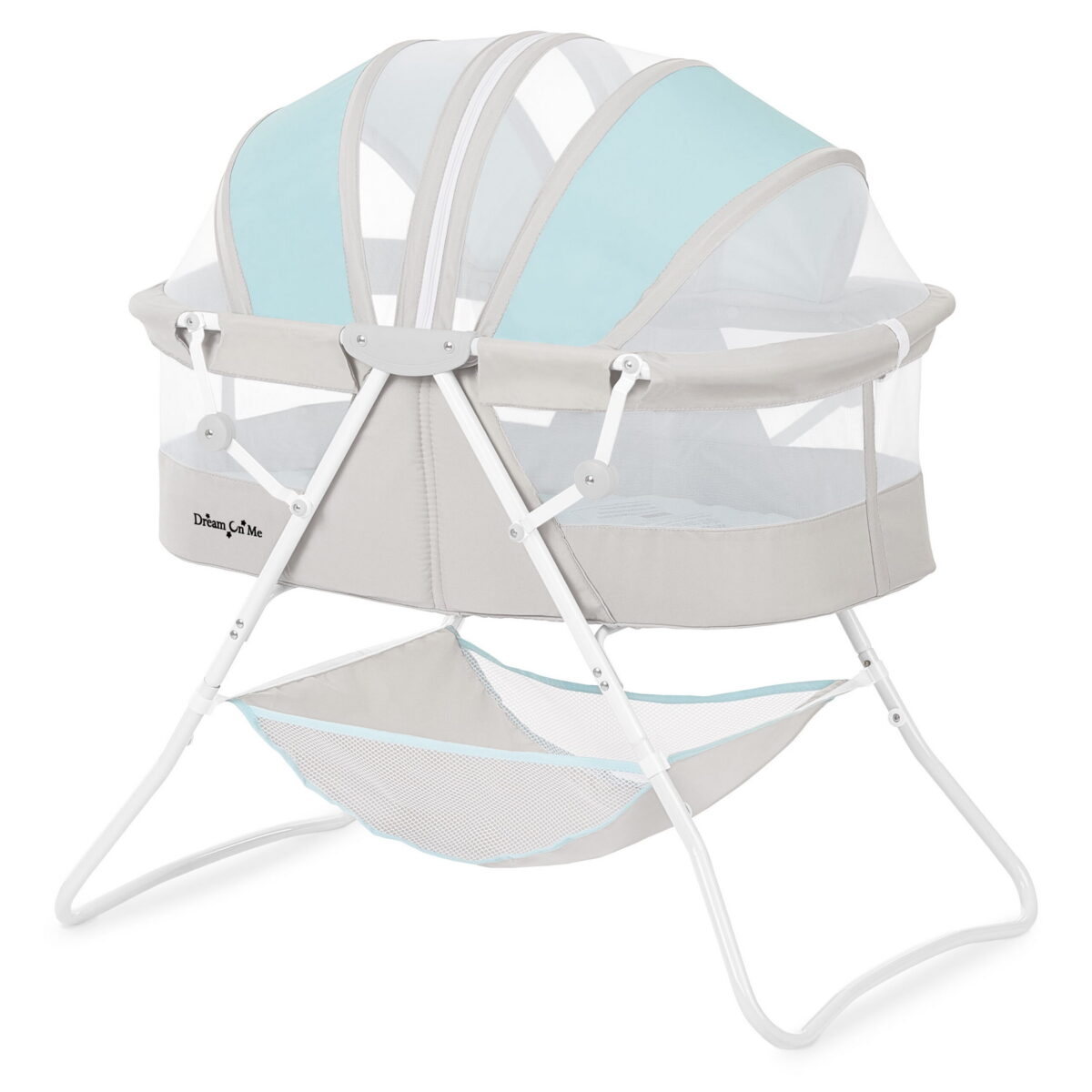 Dream On Me Karley Bassinet in Blue and Grey, Quick Fold and Easy to Carry, Large Storage Basket