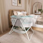 Dream On Me Karley Bassinet in Blue and Grey, Quick Fold and Easy to Carry, Large Storage Basket