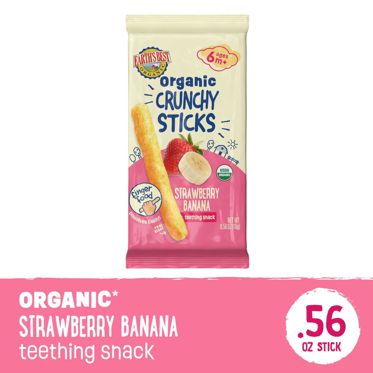 Earth's Best Organic Teething Crunchy Sticks Strawberry Banana Puffed Baby Snack, 0.56 oz Bag