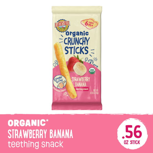 Earth's Best Organic Teething Crunchy Sticks Strawberry Banana Puffed Baby Snack, 0.56 oz Bag