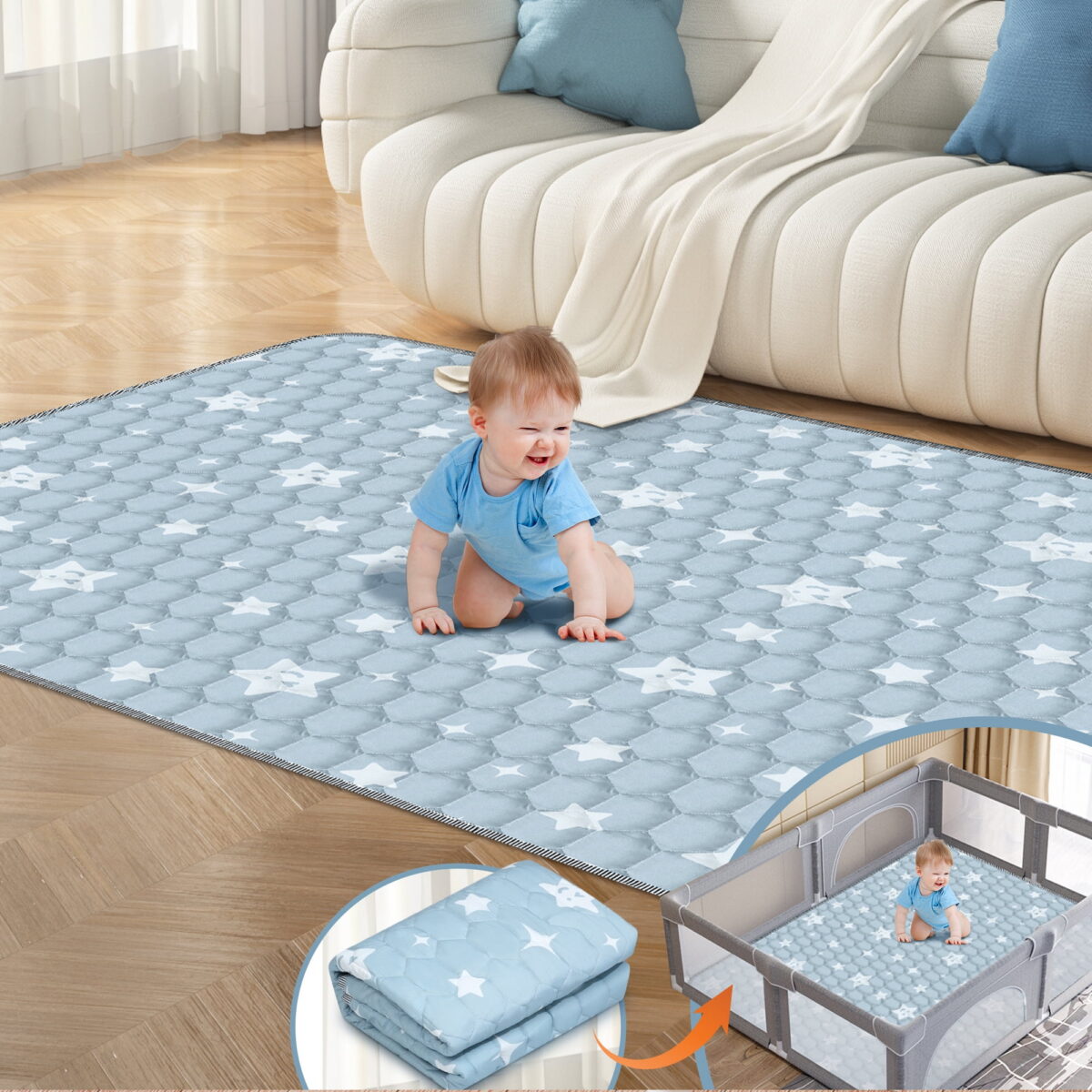 Foldable Baby Play Mat 79in*71in, HDJ Baby Mat for Floor Playpen, Portable Crawling Mat for Babies Toddlers Infants, Blue