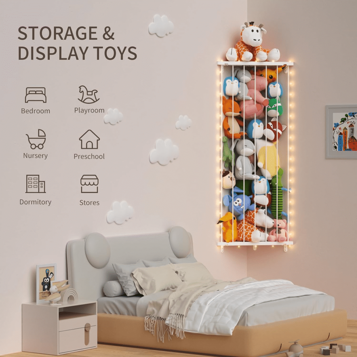 FOUKUS Corner Stuffed Animal Storage Toy Organizer: Kids Room Stuffed Animal Holder Length Adjustable Plushie Toys Shelf - Large Corner Plush Toys Storage for Nursery Playroom...
