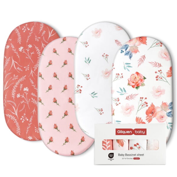Gllquen Baby Fitted Bassinet Sheets Set 4 Pack for Newborn Baby Girls 32 in x 16 in, Red Floral