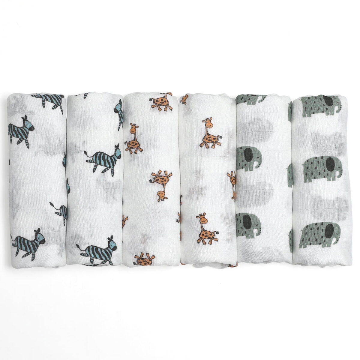 Gllquen Baby Muslin Swaddle Blankets 6-Pack, Soft Receiving Swaddles, Breathable Unisex for Newborns Infant Boys and Girls, 27 X 27", Elephant and Giraffe
