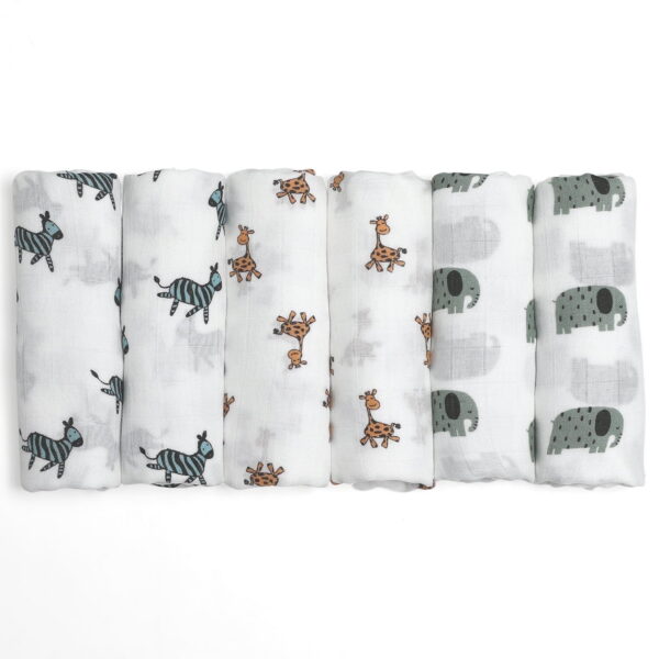 Gllquen Baby Muslin Swaddle Blankets 6-Pack, Soft Receiving Swaddles, Breathable Unisex for Newborns Infant Boys and Girls, 27 X 27", Elephant and Giraffe