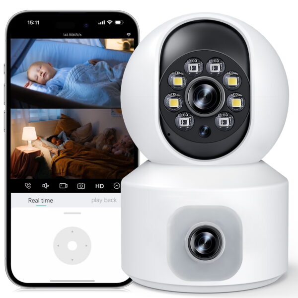 GPED Baby Monitor with Dual Cameras, 3K HD WiFi Security Camera W/ 360° PTZ & Fixed Camera,, Motion Tracking & Full-Color Night Vision for Baby Monitor/Pet Camera, 2-Way Audio...