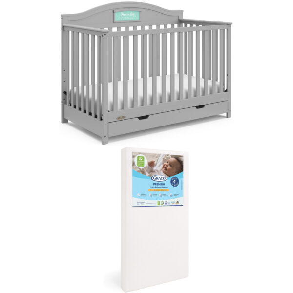 Graco Story Customizable 5-in-1 Convertible Crib with Drawer and Premium Crib & Toddler Mattress Bundle, Pebble Gray