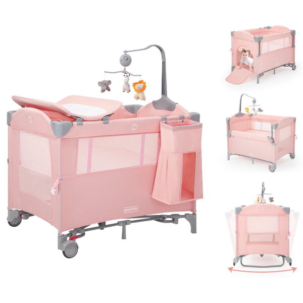 HARPPA 5 in 1 Portable Playard and Bassinet for Girl from Newborn to Toddler, Easy Folding, Pink