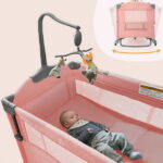 HARPPA 5 in 1 Portable Playard and Bassinet for Girl from Newborn to Toddler, Easy Folding, Pink