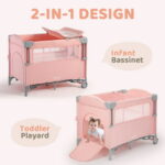 HARPPA 5 in 1 Portable Playard and Bassinet for Girl from Newborn to Toddler, Easy Folding, Pink