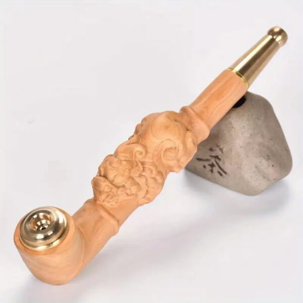 Hotpom Handcrafted Wooden Pipe with Copper Pot Filter, Enhanced Flavor & Cleanliness, Detachable and Washable, Intricate Carved Portable Pixiu Pipe