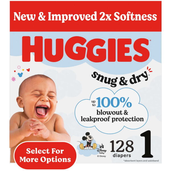 Huggies Snug & Dry Baby Diapers, Size 1 (8-14 lbs), 128 Count (Select for More)