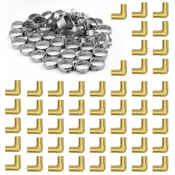 KFFKFF Pipe Accessories, 3/4" Set of 50 Brass Pipe Accessories, Clamp Design Elbow Pipe Link Brass Air Accessories, Robust Plumbing Tube Adapters for Heating/Shower...