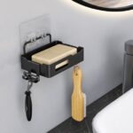 Kvago Soap Dish Shower Stainless Steel Wall Mounted Bar Holder Bathroom with 2 Hooks Black