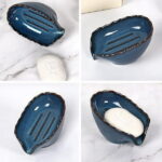 LandHope Soap Dish, Ceramic Leaf Soap Dish, Self Draining Soap Holder for Bathroom, Kitchen (Blue)