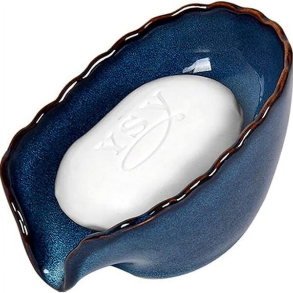 LandHope Soap Dish, Ceramic Leaf Soap Dish, Self Draining Soap Holder for Bathroom, Kitchen (Blue)