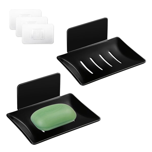 LELE LIFE 2Pcs Bar Soap Holder, Self Adhesive Soap Holder for Shower Wall, Self Draining Aluminum Soap Box Container Tray, Soap Dish for Shower Bathroom, Black