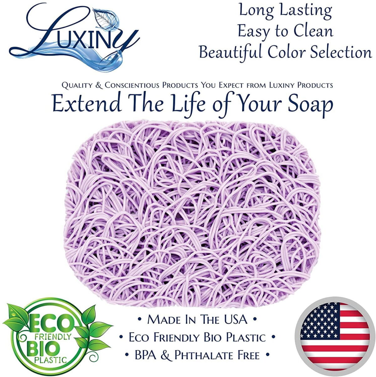 Luxiny American Made Soap Saver for Soap Dishes & Shower Soap Holders - Helps Handmade Soap Last Longer - Made from Plant Based Environmentally Friendly Bioplastics Lilac - 2 Pack