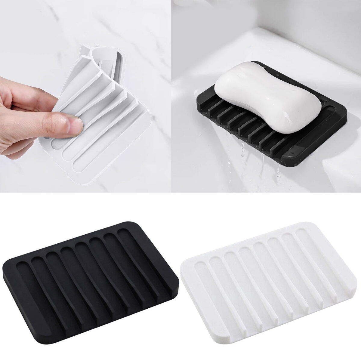 LYCAQL Self Draining Soap Dishes, 2 Pcs Silicone Soap Saver, Waterfall Drainer Soap Holder for Bathroom, Extend Soap Life, Keep Soap Bars Dry Clean & Easy Cleaning (White, Black)