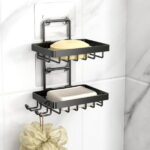 Masadi Soap Dish Soap Bar Holder For Shower, No Drilling, 304 Rustproof Stainless Steel, Wall Mounted Soap Holder With 4 Hooks And Razor Holder, Shower Rack Soap Tray Bar Soap...