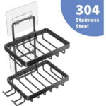 Masadi Soap Dish Soap Bar Holder For Shower, No Drilling, 304 Rustproof Stainless Steel, Wall Mounted Soap Holder With 4 Hooks And Razor Holder, Shower Rack Soap Tray Bar Soap...