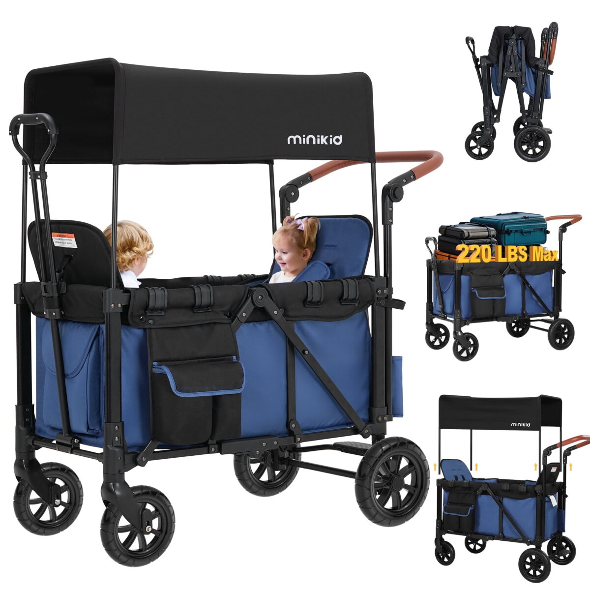 Minikid 2-in-1 Wagon Stroller with Adjustable Canopy, Rain Cover, Mosquito Net, Blue