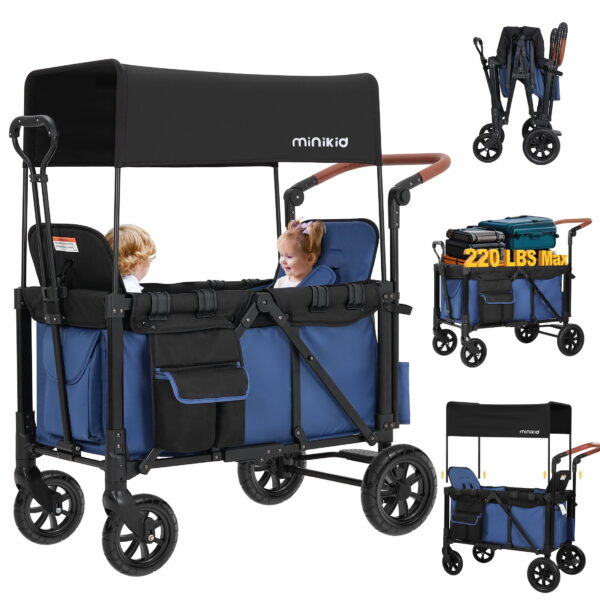 Minikid 2-in-1 Wagon Stroller with Adjustable Canopy, Rain Cover, Mosquito Net, Blue