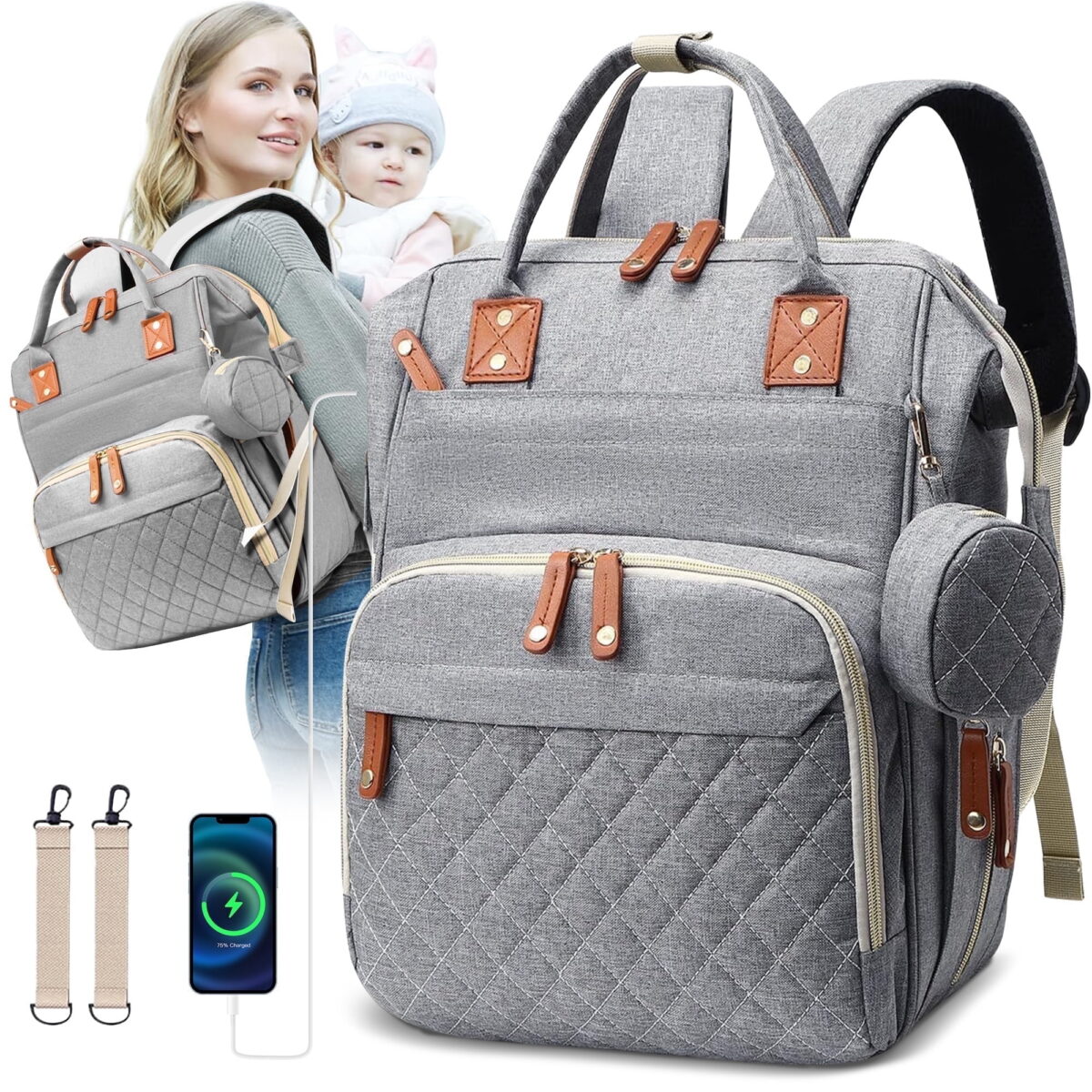 Morfone Baby Diaper Bag Backpack, Multifunction Waterproof Baby Bag with USB Charging Port, Stroller Straps & Pacifier Case Unisex, Gray