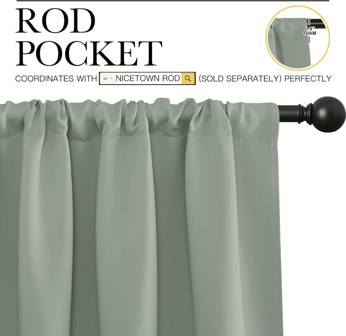 NICETOWN Blackout Curtains Modern Room Darkening Thermal Insulated Solid Drapes for Living Room, 2 Panels, W42 x L72, Greyish Green