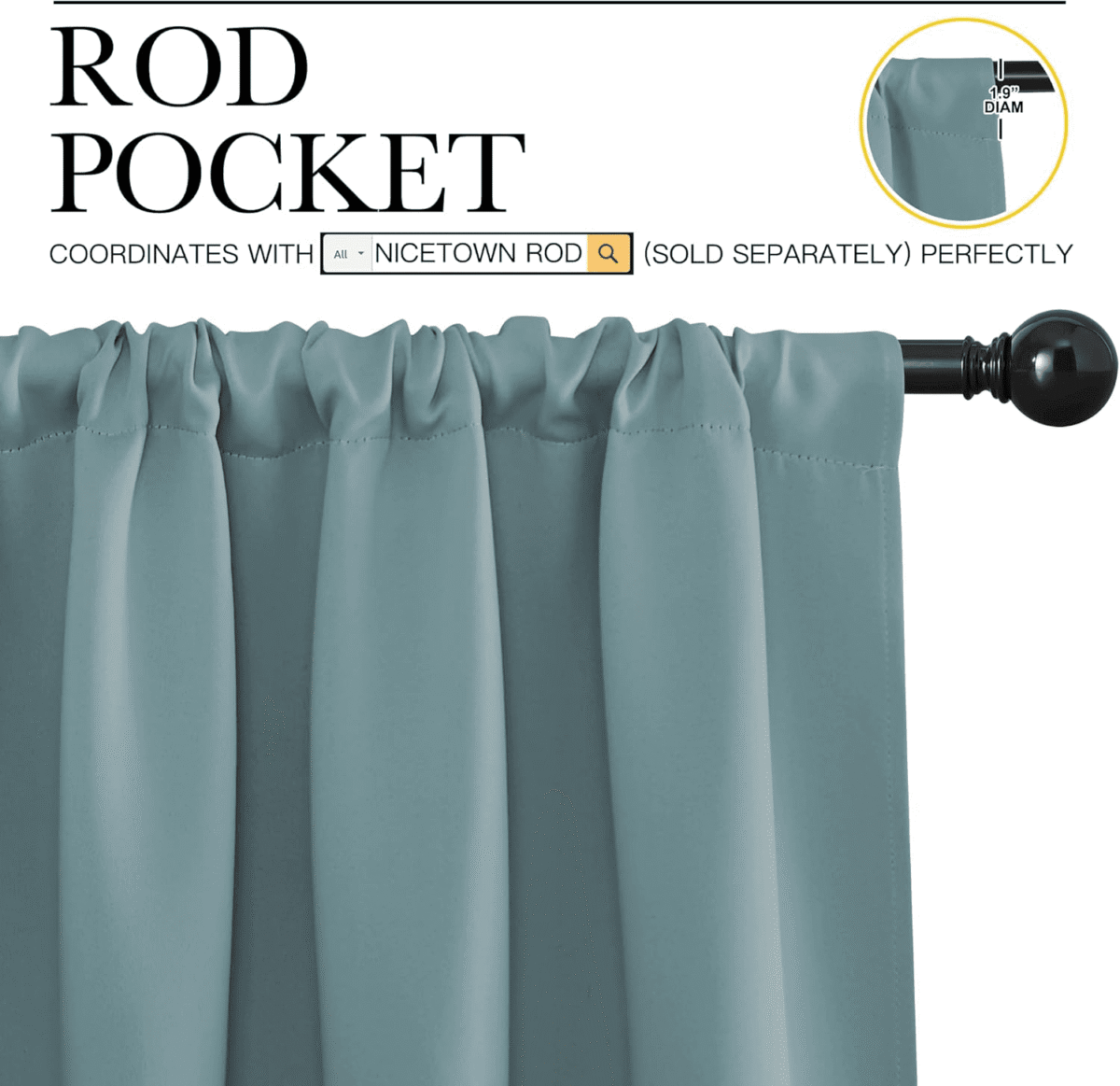 NICETOWN Solid Blackout Curtains Room Darkening Thermal Insulated Rod Pocket Privacy Window Treatment for Bedroom, W34 x L72, Greyish Blue, 2 Panels