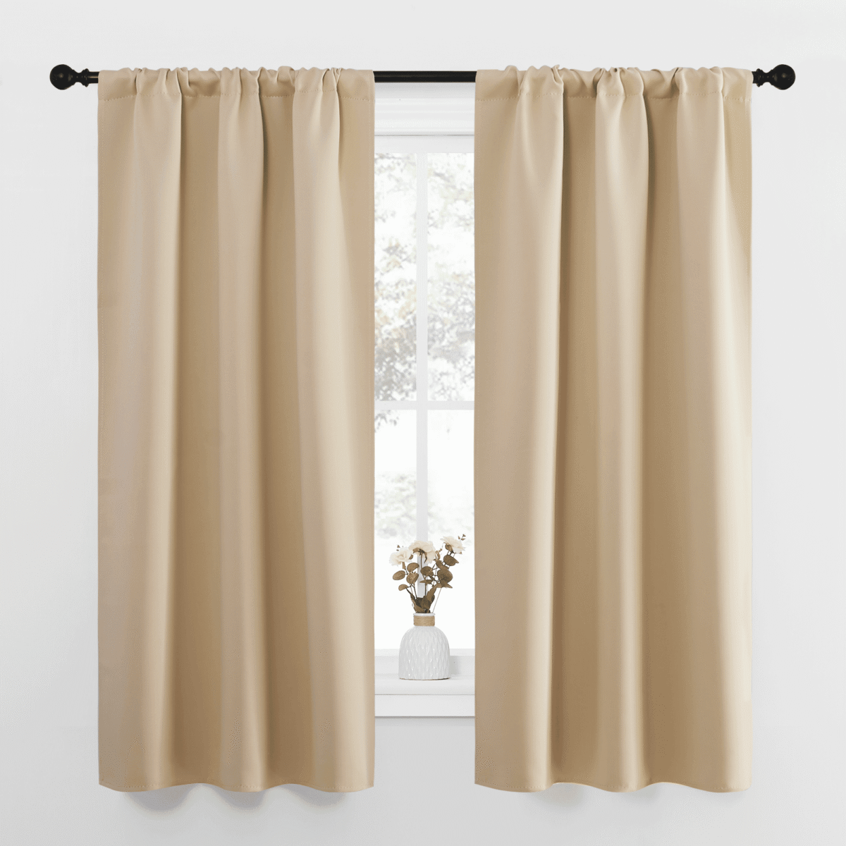 NICETOWN Solid Color Thermal Insulated Blackout Curtains Rod Pocket Window Treatments for Kitchen 34x36 inch, Biscotti Beige, 2 Panels