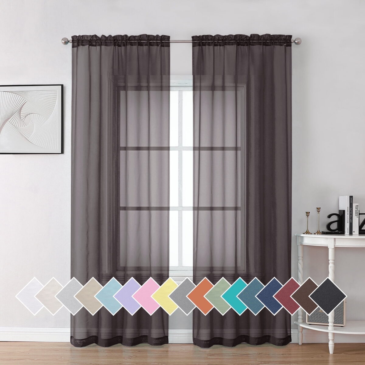 OVZME 2 Pieces Sheer Curtain Panel Set 84" inches Long, Top Dual Rod Pocket Solid Voile Window Drapes Treatment for Kitchen/Bedroom/Living Room Backdrop, 42W x 84L, Chocolate