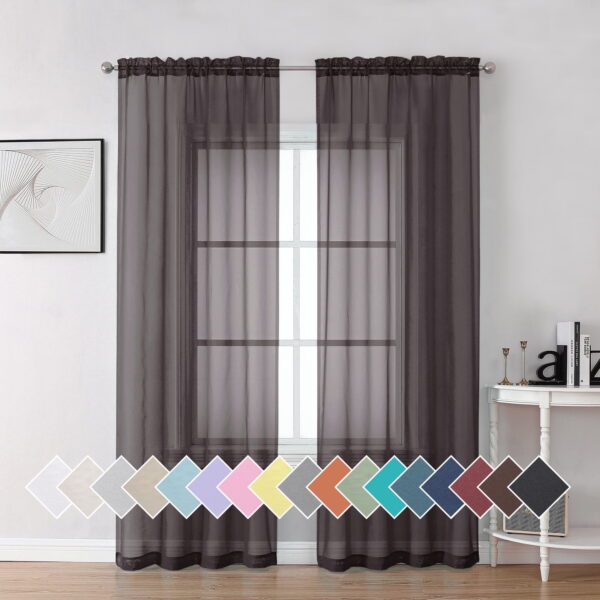 OVZME 2 Pieces Sheer Curtain Panel Set 84" inches Long, Top Dual Rod Pocket Solid Voile Window Drapes Treatment for Kitchen/Bedroom/Living Room Backdrop, 42W x 84L, Chocolate