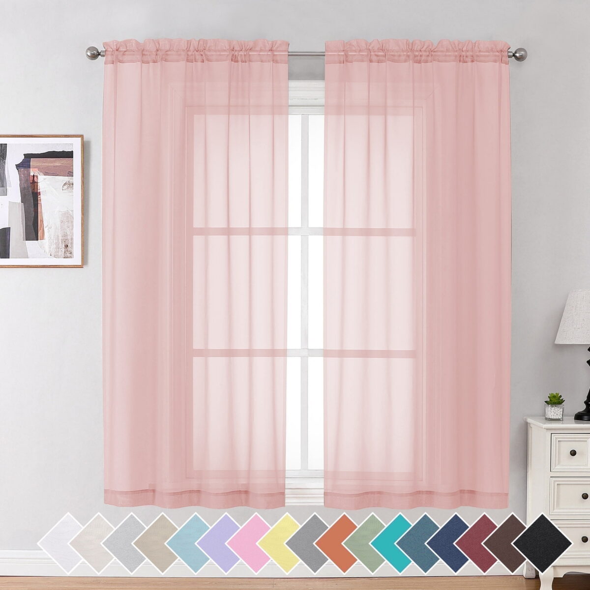 OVZME Blush Pink Sheer Curtain Panel Pair 63 inch Length, Light Filtering Window Curtain Drapes Treatment for Kitchen, Bedroom Living and Children Room, Voile Top Dual Rod...