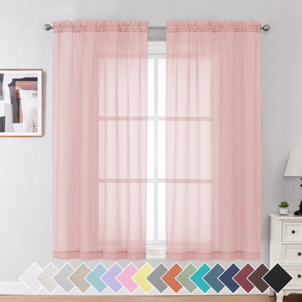 OVZME Blush Pink Sheer Curtain Panel Pair 63 inch Length, Light Filtering Window Curtain Drapes Treatment for Kitchen, Bedroom Living and Children Room, Voile Top Dual Rod...
