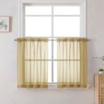 OVZME Gold Sheer Kitchen Curtain Tiers 2 Panels, Light Filtering Small Curtains for Bathroom Living Room Cafe Basement ,W42 x L24 inch, Set of 2, Gold