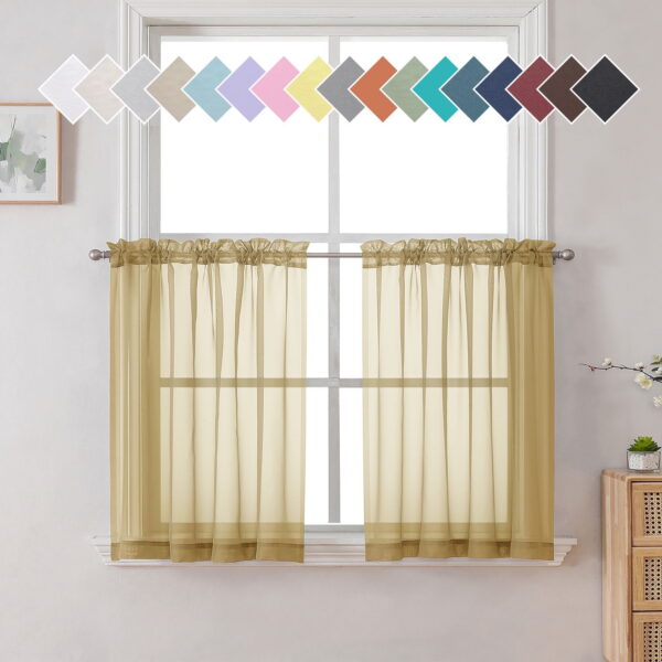 OVZME Gold Sheer Kitchen Curtain Tiers 2 Panels, Light Filtering Small Curtains for Bathroom Living Room Cafe Basement ,W42 x L24 inch, Set of 2, Gold
