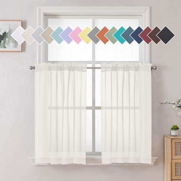 OVZME Ivory Window Sheer Curtain Tiers 36 Inch Length 2PCS, Dual Rod Pocket Short Voile Light Filtering Sheer Window Curtians for Small Window Bathroom Cafe Living Room...