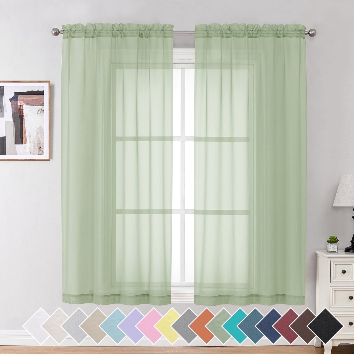 OVZME Light Green Sheer Curtain Panel Pair 63 inch Length,Light Filtering for Kitchen, Bedroom Living Room and Children Room, Voile Top Dual Rod Pocket,2 Pack of 42"x63" Size
