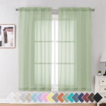 OVZME Light Green Sheer Curtain Panel Pair 63 inch Length,Light Filtering for Kitchen, Bedroom Living Room and Children Room, Voile Top Dual Rod Pocket,2 Pack of 42"x63" Size