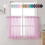 OVZME Pink Sheer Kitchen Curtain Tiers 2 Panels, Light Filtering Small Curtains for Bathroom Living Room Cafe Basement ,W42 x L24 inch, Set of 2, Pink