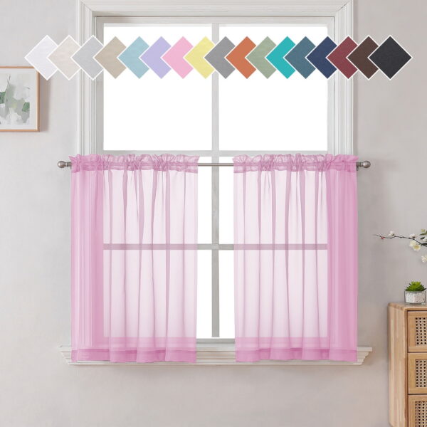 OVZME Pink Sheer Kitchen Curtain Tiers 2 Panels, Light Filtering Small Curtains for Bathroom Living Room Cafe Basement ,W42 x L24 inch, Set of 2, Pink