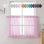 OVZME Pink Sheer Kitchen Curtain Tiers 2 Panels, Light Filtering Small Curtains for Bathroom Living Room Cafe Basement ,W42 x L24 inch, Set of 2, Pink