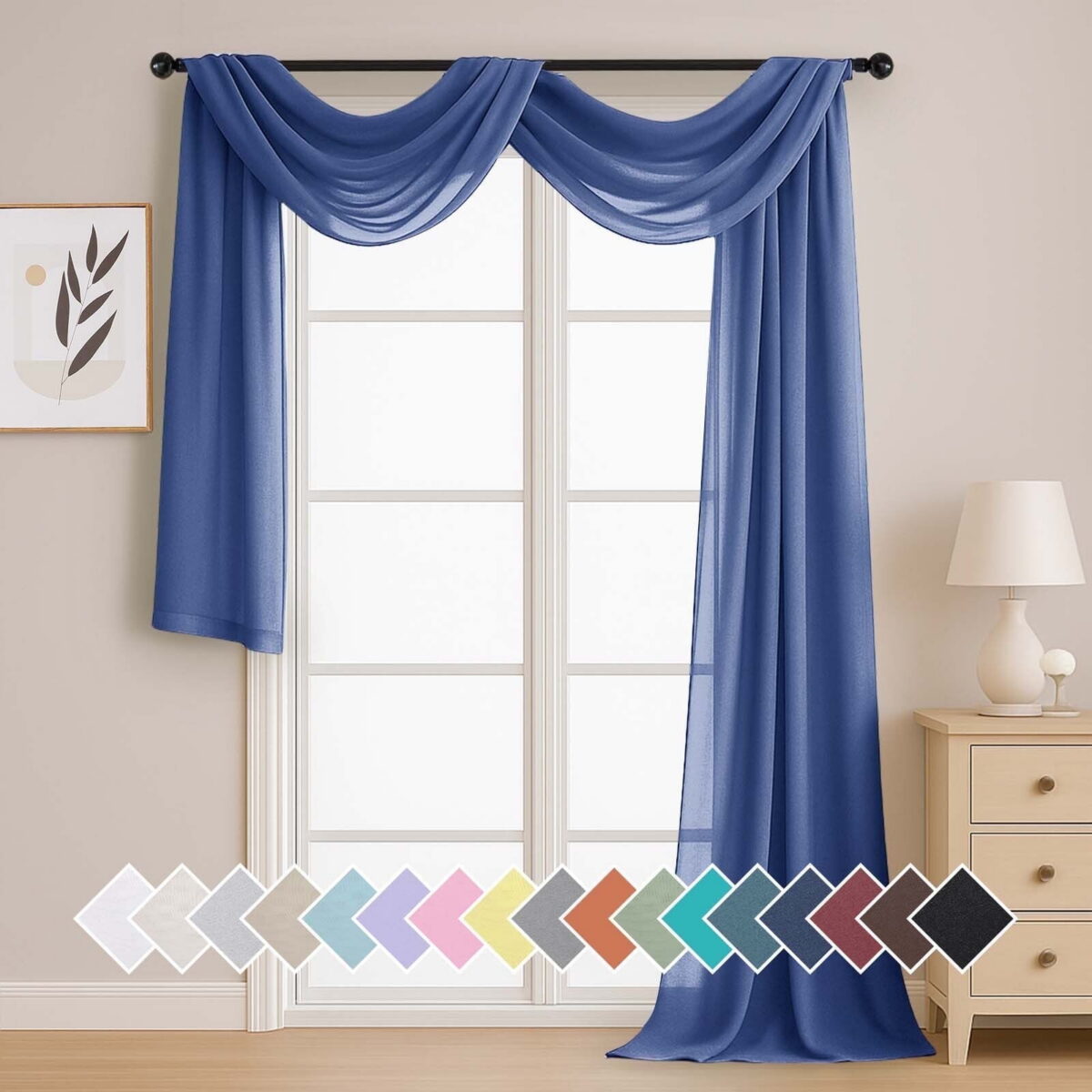 OVZME Royal Blue Sheer Scarf Valances for Windows 216 in Extra Long, Window Scarf Drapes Rod Pocket Backdrop for Living Room, 1PC, 42 x 216 Inch, Royal Blue