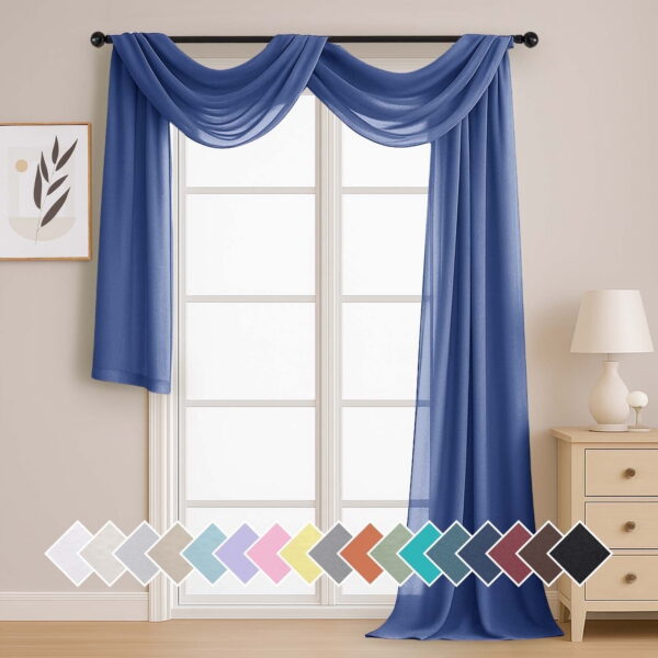 OVZME Royal Blue Sheer Scarf Valances for Windows 216 in Extra Long, Window Scarf Drapes Rod Pocket Backdrop for Living Room, 1PC, 42 x 216 Inch, Royal Blue