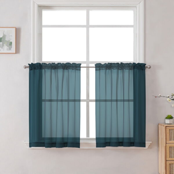 OVZME Sheer Kitchen Curtain Tiers 2 Pack, Light Filtering Small Curtains Short Bathroom Living Room Cafe Basement Voile Window Curtains Top Rod Pocket, 42W x 24L Inches, Dusty Blue