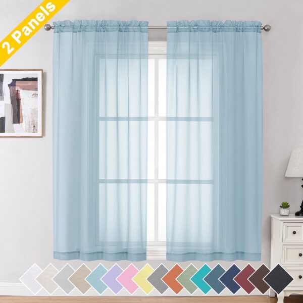 OVZME Sky Blue Sheer Window Curtains 63 inch Length 2 Pcs, Rod Pocket Voile Drapes for Bedroom Living Room Semi Sheer Curtain Panels Window Treatments for...