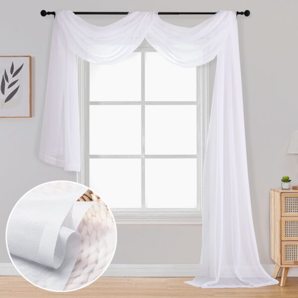 OVZME White Sheer Scarf Valances for Windows 216 inch Extra Long, Window Scarf Drapes Rod Pocket Backdrop for Wedding Arch Draping/Party/Canopy Bed/Living Room, 1PC, 42 inch...
