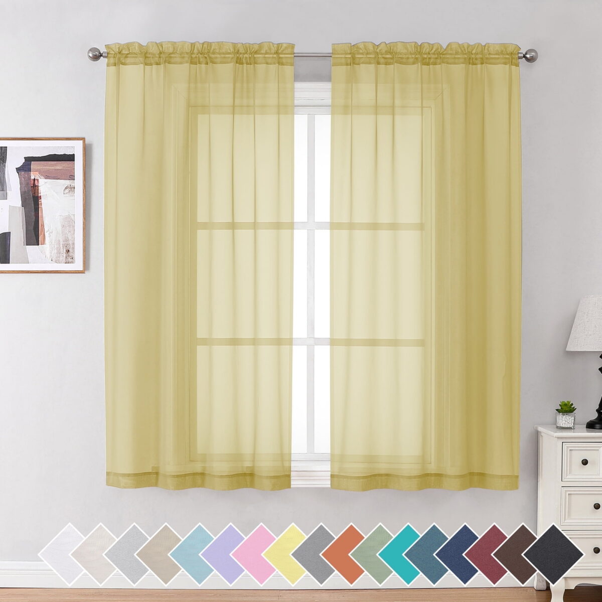 OVZME Yellow Sheer Curtains 54 Inches Long 2 Panels, Light Filtering Sheer Panels for Kitchen Elegant Airy Transparent Draperies for Gilrs Living Room Nursery Room, Dual Rod...