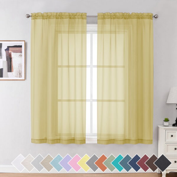 OVZME Yellow Sheer Curtains 54 Inches Long 2 Panels, Light Filtering Sheer Panels for Kitchen Elegant Airy Transparent Draperies for Gilrs Living Room Nursery Room, Dual Rod...